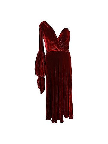 Johanna Ortiz  Johanna Ortiz Bow Belt One-Shoulder Midi Dress in Burgundy Velvet  (view 1)