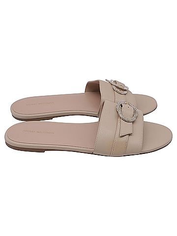 Stuart Weitzman Stuart Weitzman Crystal-Embellished Slides in Beige Leather (view 1)