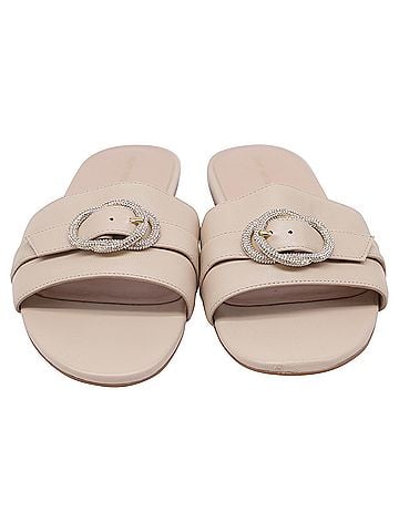 Stuart Weitzman Stuart Weitzman Crystal-Embellished Slides in Beige Leather (view 2)