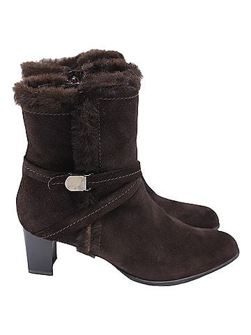 Stuart Weitzman Stuart Weitzman Fur-Lined Block-Heel Ankle Boots in Brown Suede (view 1)