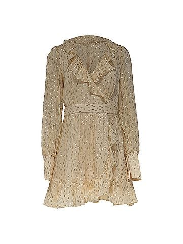Zimmermann Zimmermann Metallic Frill Wrap Mini Dress in Yellow Silk (view 1)