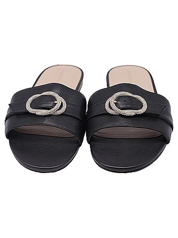 Stuart Weitzman Stuart Weitzman Crystal-Embellished Slides in Black Leather (view 2)
