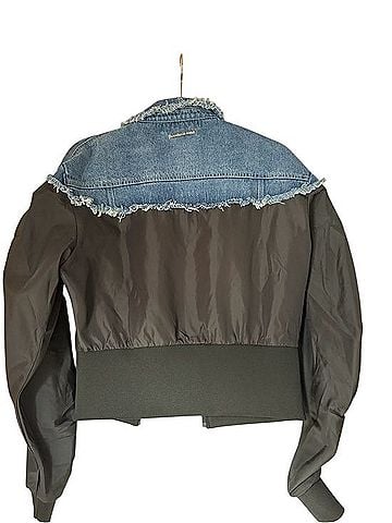 MANIERE DE VOiR Black and Blue Mixed-Media Denim Bomber Jacket Jacket (view 2)