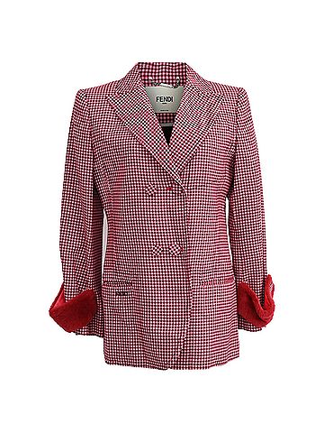 Fendi Fendi Double-Breasted Plaid Fur-Trimmed Blazer in  Red Wool (view 1)
