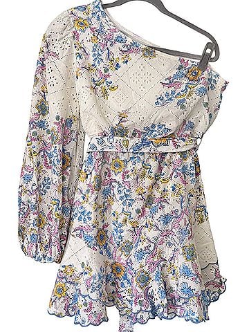 Hemant & Nandita Vana One-Shoulder Floral Schiffli Eyelet Mini Casual Dress (view 1)