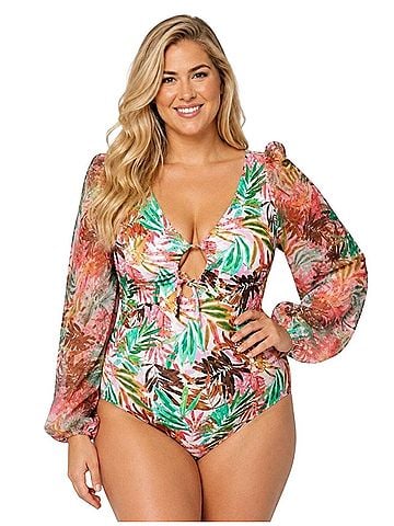 Swimsuits for all Kim Gravel x Swimsuits For All Chiffon Sleeve One-Piece Daquiri Palm One Piece Swimsuit (view 1)