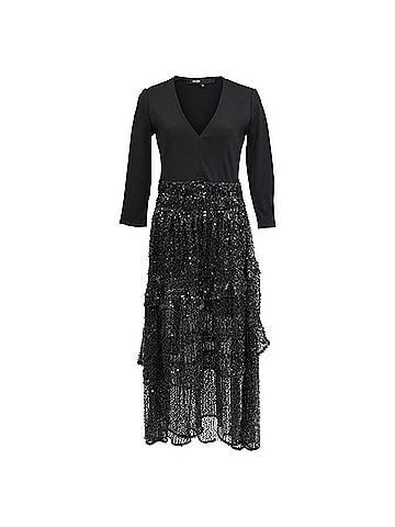 Maje Maje V-Neck Sequined Midi Tiered Dress in Black Polyamide  (view 1)