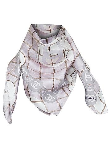 Chanel Chanel silk pink grey CC logo camellia flowers checkered pearl scarf (view 1)