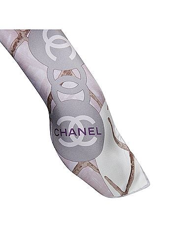 Chanel Chanel silk pink grey CC logo camellia flowers checkered pearl scarf (view 2)