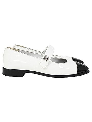 Chanel  Chanel CC Mary Jane Ballet Flats in White Patent Leather (view 1)
