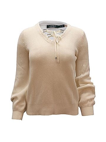 Ralph Lauren Ralph Lauren Valayna Lace-Up V-Neck Sweater in Ivory Cotton (view 1)