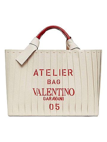 Valentino Garavani Women's Plissé Edition Sac Atelier Large Canvas Tote Bag in Beige Red Trim (view 1)