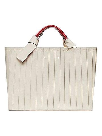 Valentino Garavani Women's Plissé Edition Sac Atelier Large Canvas Tote Bag in Beige Red Trim (view 2)