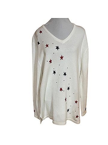 Quacker Factory Americana White Star Embroidered Rhinestone V-Neck Sweater Casual Sweaters (view 1)