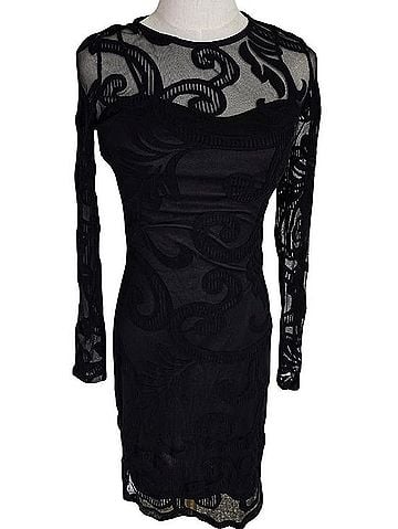Mystic Black Long Sleeve Flocked Mesh Midi Dress Cocktail Dress (view 1)