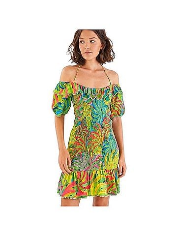 FARM Rio Neon Banana Print Off Shoulder Puff Sleeve Smocked Mini Dress Casual Dress (view 1)