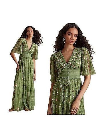 Mac Duggal Mac Duggal 8028 Green Moss Floral Embroidered Tulle Gown Flutter Sleeve Dress 18 Cocktail Dress (view 2)