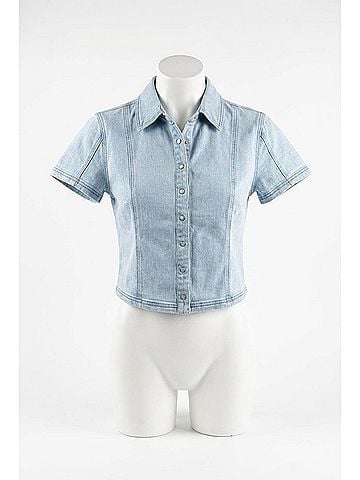 Risen Pearl Button Shirt Top in Denim (view 1)