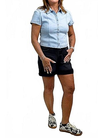 Risen Pearl Button Shirt Top in Denim (view 2)