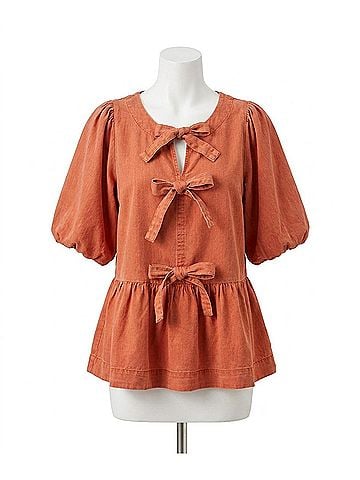 Easel Bow Front Denim Peplum Blouse in Latte (view 1)