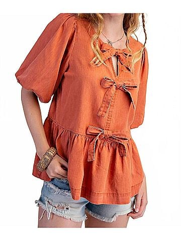 Easel Bow Front Denim Peplum Blouse in Latte (view 2)