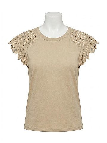 Lyssé Katarina Eyelet Sleeve Trim Top in Sandstone (view 1)