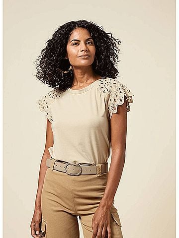 Lyssé Katarina Eyelet Sleeve Trim Top in Sandstone (view 2)