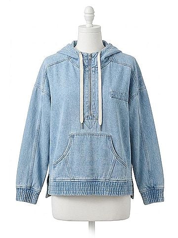 Fate Half Zip Hooded Pullover Top in Light Denim (view 1)