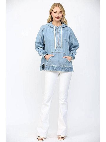 Fate Half Zip Hooded Pullover Top in Light Denim (view 2)