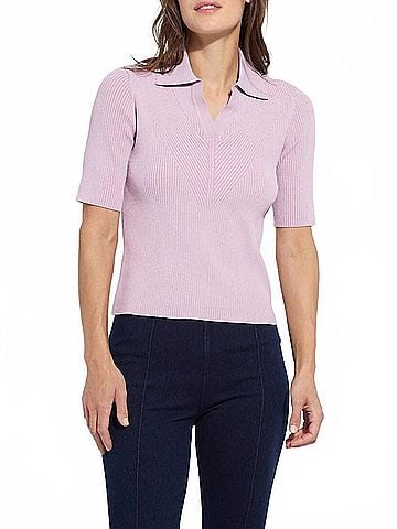 Lyssé Kenzie Ribbed Knit Polo in Rose Shadow (view 2)