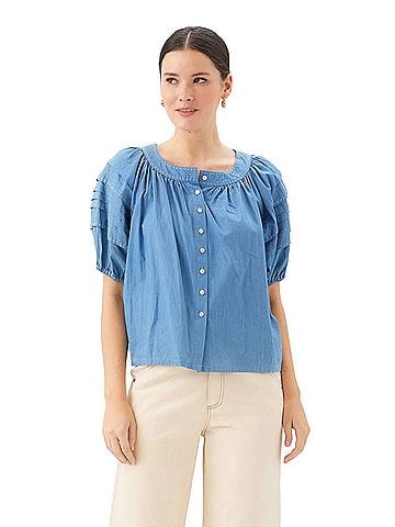 Fifteen Twenty Shay Contrast Stitch Peasant Top in Chambray (view 2)