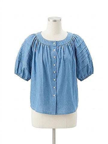 Fifteen Twenty Shay Contrast Stitch Peasant Top in Chambray (view 1)