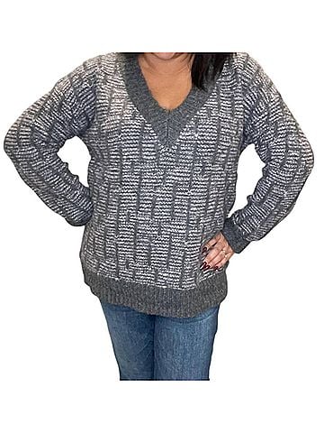 Mystree Cozy Patterned V-Neck Sweater in Purple Charcoal (view 2)