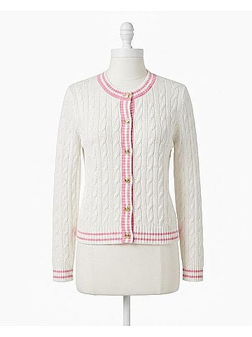 Lilly Pulitzer Brockton Crew Neck Cardigan in Resort White X Conch Shell Pink (view 1)