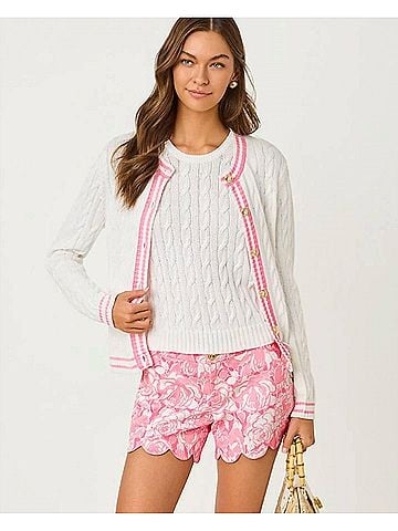 Lilly Pulitzer Brockton Crew Neck Cardigan in Resort White X Conch Shell Pink (view 2)
