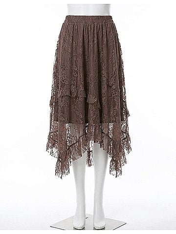 Easel Alana All Over Lace Sharkbite Maxi Skirt in Mocha (view 1)