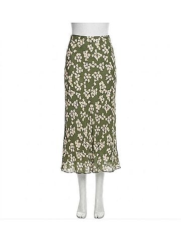 Fifteen Twenty Eva Bias Ankle Skirt in Green/Off White Print (view 1)