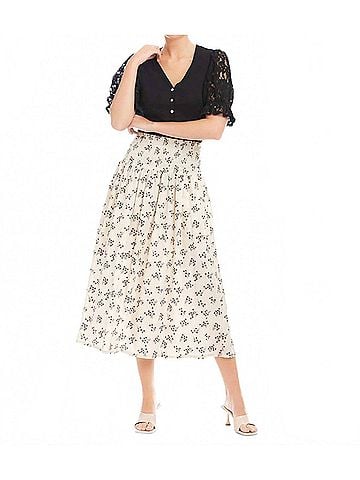 Fifteen Twenty Rhea Smocked Waist Skirt in Cream/Black Print (view 2)