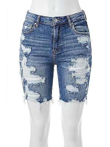 Risen High Rise Distressed Bermuda Shorts in Dark Wash (view 1)