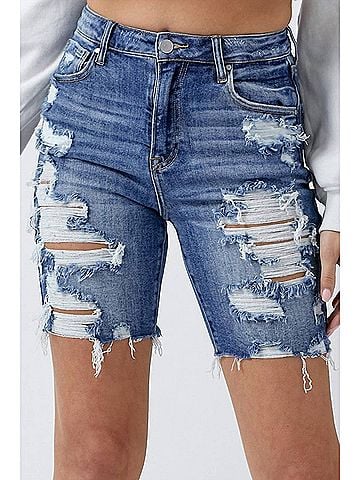 Risen High Rise Distressed Bermuda Shorts in Dark Wash (view 2)