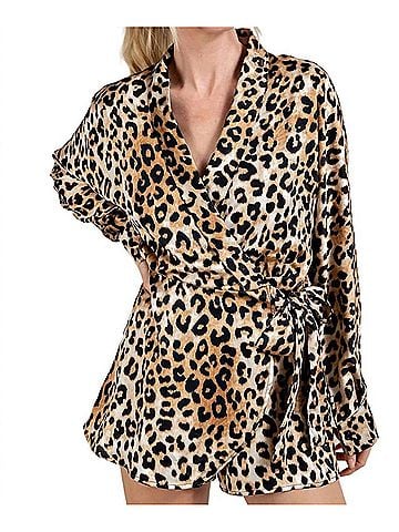 ee:some Long Sleeve Wrap Romper in Leopard Print Satin (view 2)