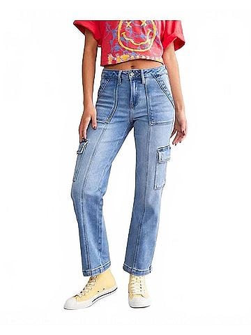 Hidden Jeans Tracey Cargo Straight Stretch Jean in Blue (view 2)