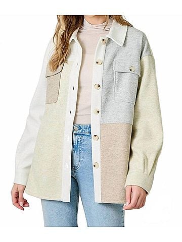 Mystree Pieced Together Shacket in Latte/Stone (view 2)