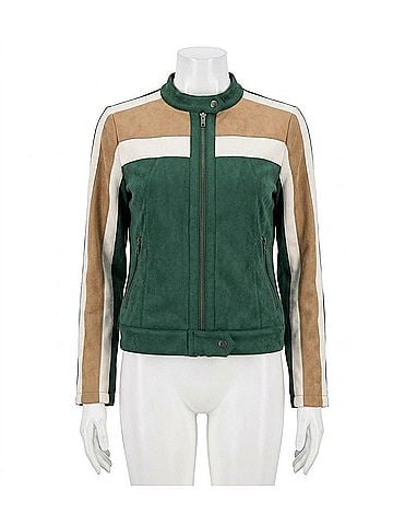 Mystree Colorblock Faux Suede Racer Jacket in Green Mix (view 1)