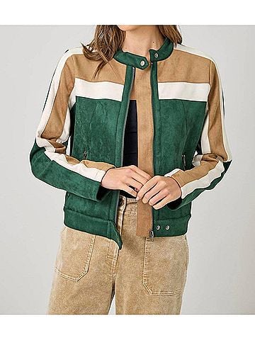Mystree Colorblock Faux Suede Racer Jacket in Green Mix (view 2)
