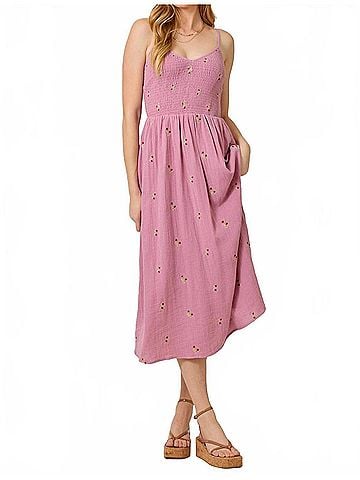 Mystree Lottie Embroidered Smocked Midi Dress in Cool Soft Pink (view 2)