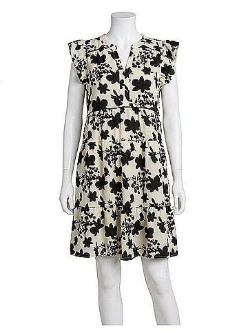 Umgee Floral Flutter Sleeve Tiered Dress in Off White (view 1)