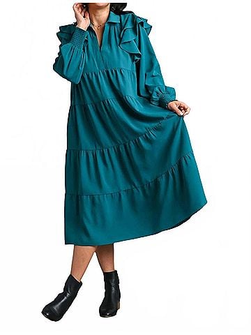 Umgee Ruffle Long Sleeve Tiered Maxi Dress in Teal (view 2)