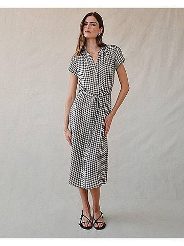 Bella Dahl Cap Sleeve Midi Shirt Dress in Ivory Check Plaid (view 2)