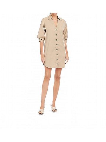 Fifteen Twenty Phoebe Lantern Sleeve Shirtdress in Stone (view 2)